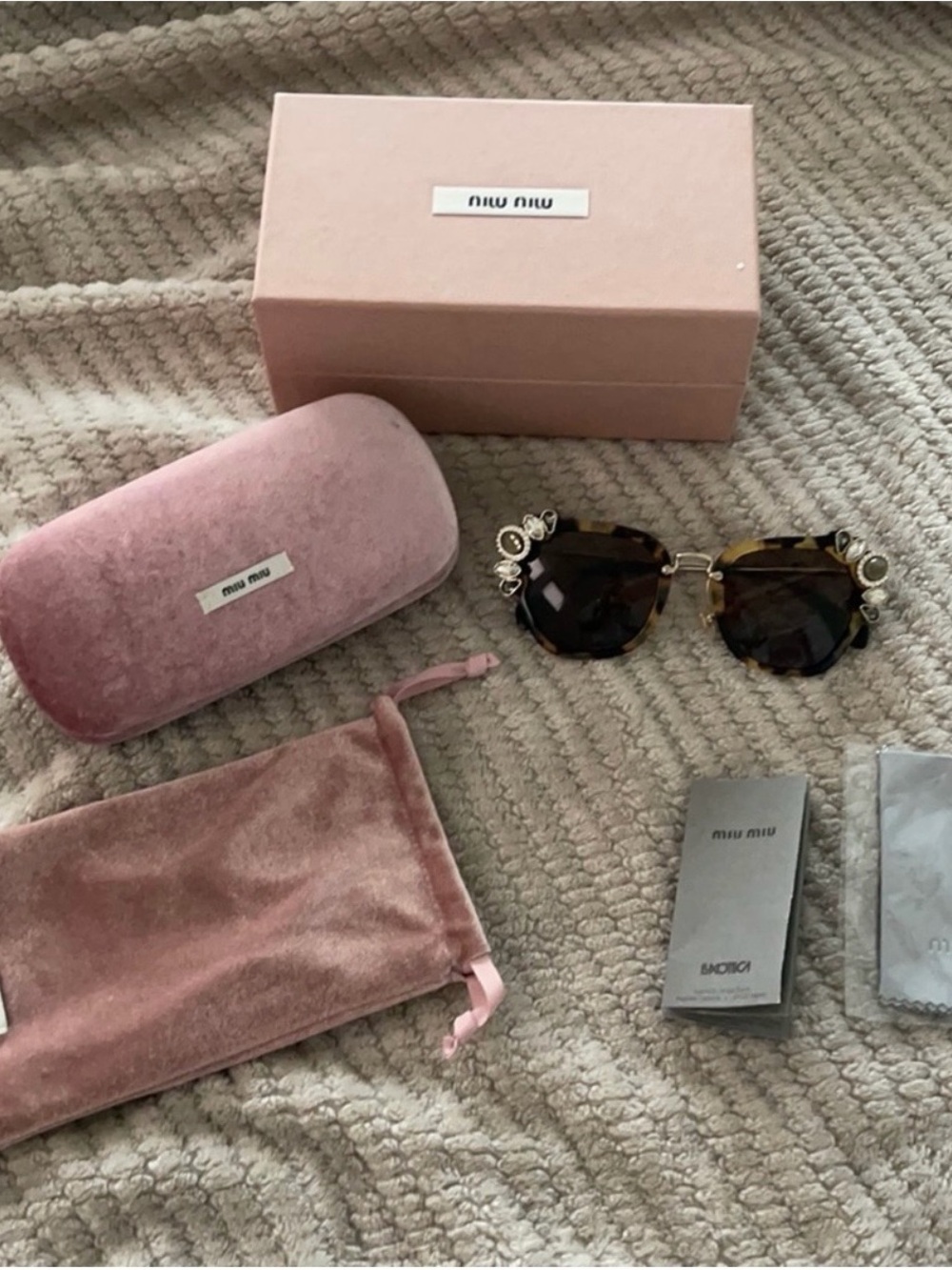 Miu Miu Pink Velvet Accessory Set with Tortoiseshell Sunglasses